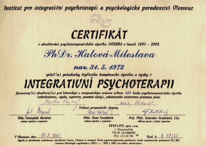 Certifikát o výcviku v intergrativní psychoterapii